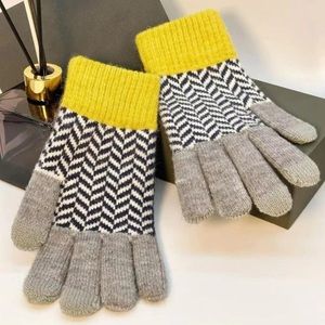 Houndstooth Herringbone Pattern Color Block Gloves Yellow Gray Warm Soft Stripes